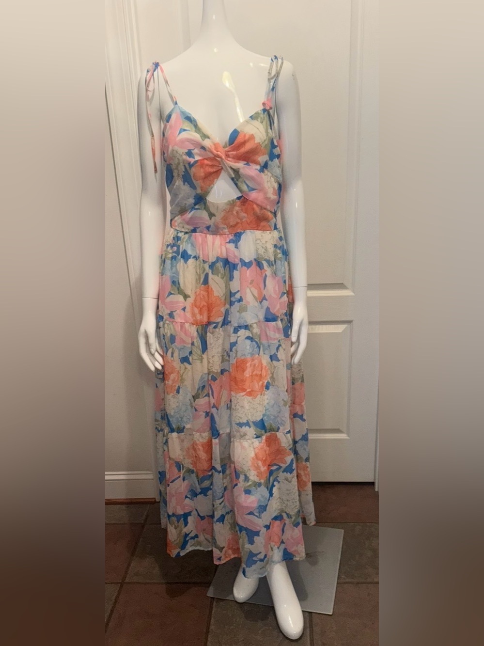 SHEIN Coral & Blue Floral Twist-Front Maxi Dress